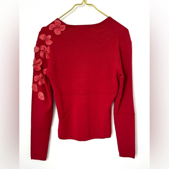 BCBGMAXAZRIA Bright Red Rib Knit Sweater Faux Leather Beaded Floral Womens Small - Picture 3 of 8